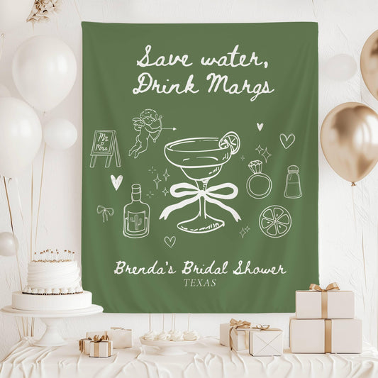 Save Water Drink Margs Banner: Mexico Bachelorette Decor, Margarita Wall Tapestry for Bridal Shower - LAUMIANstudio