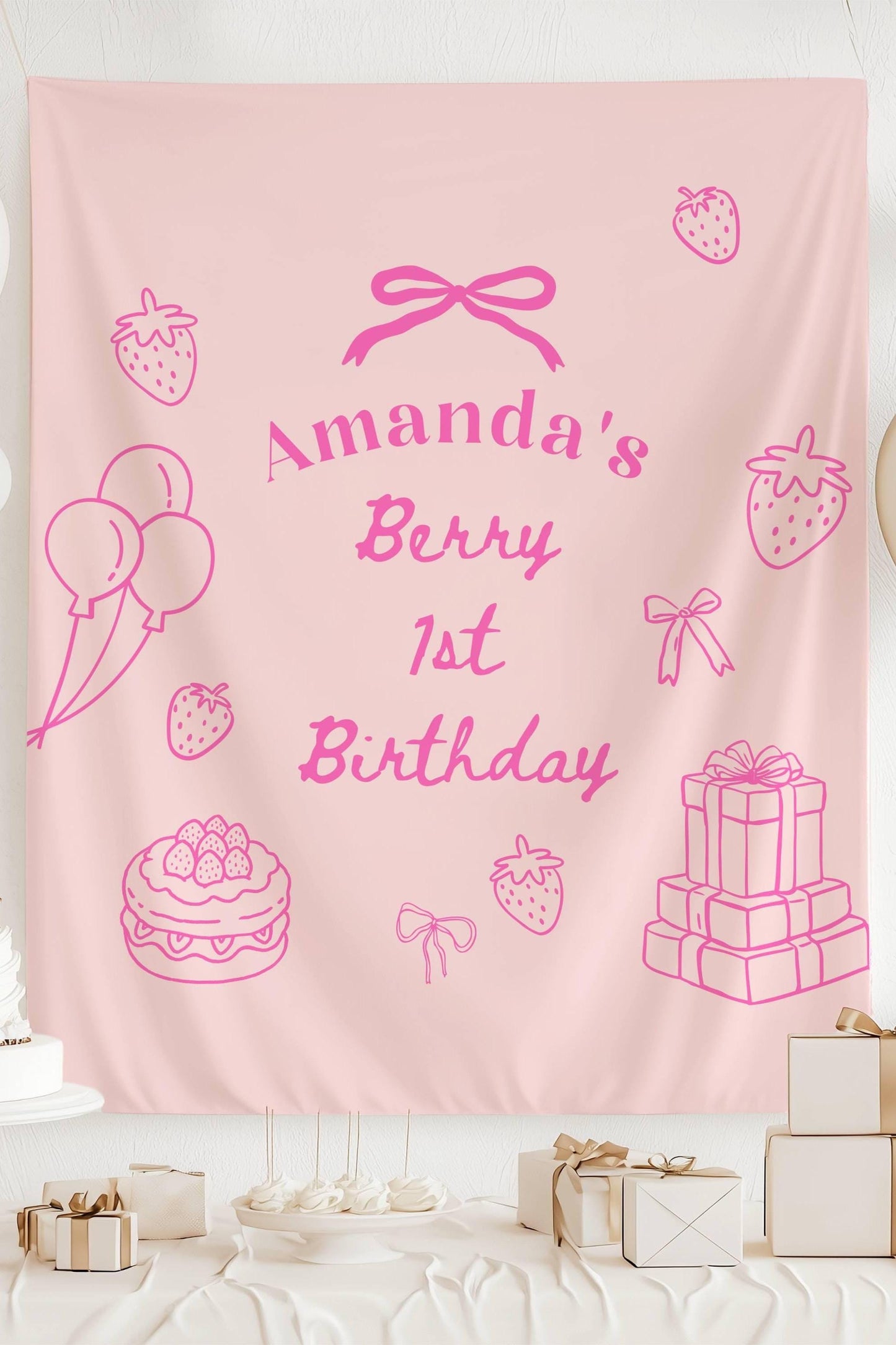Berry First Birthday Banner: Personalized 1st Birthday Party Decor, Strawberry, Lineart - LAUMIANstudio