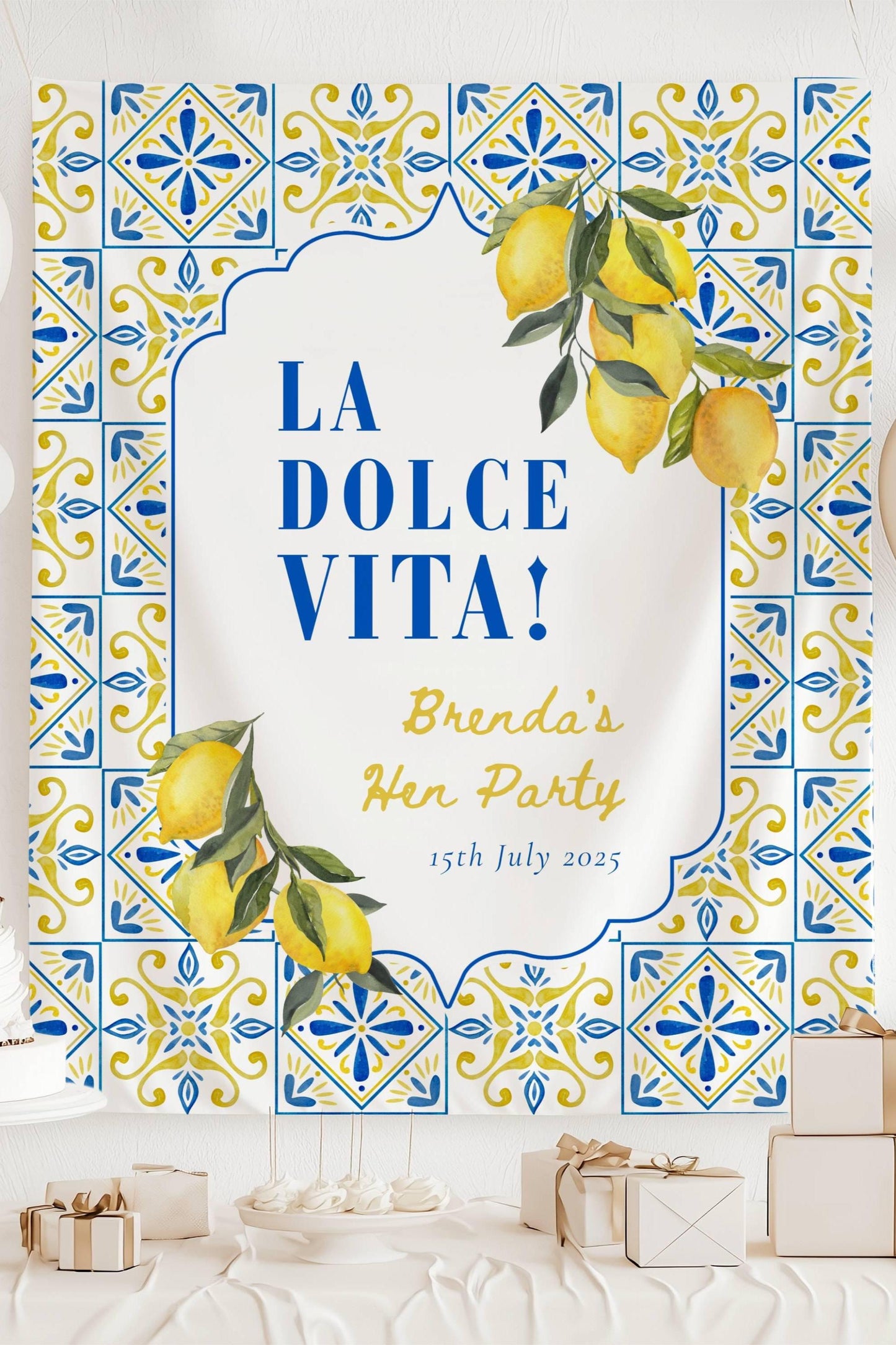La Dolce Vita Backdrop Italy Bridal Shower Custom Mediterranean Bach Decor Limoncello Bachelorette Banner Lemon Italian Bachelorette Blue - LAUMIANstudio