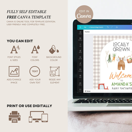 Locally Grown Shower Welcome Sign Grown With Love Sign Editable Shower Large Welcome Poster Farm Baby Shower Poster Beige Shower Decor - LAUMIANstudio