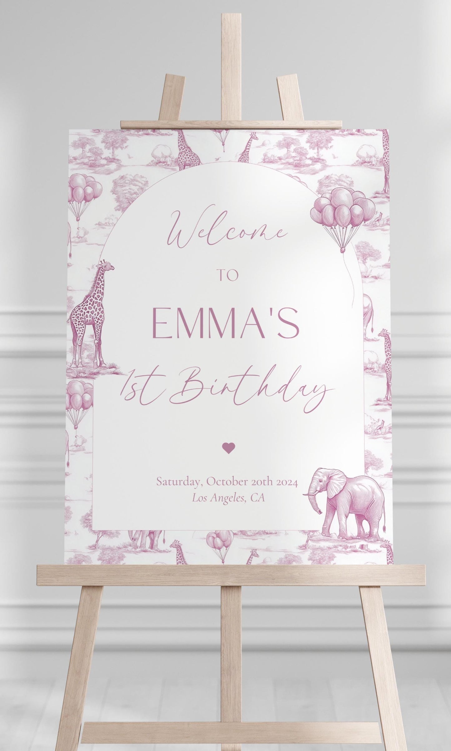 Pink Toile Safari Welcome Sign: 1st Birthday, Editable Canva Template - LAUMIANstudio