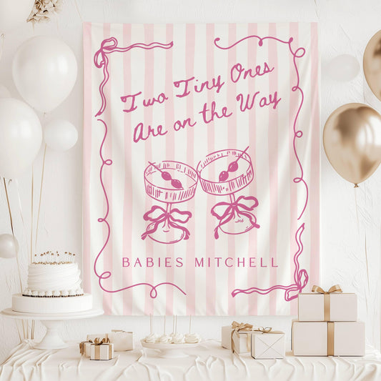 Sage Martini Twin Baby Shower Banner Two Tiny Ones Are On the Way Backdrop Twin Gender Reveal Backdrop Twin Shower Photo Banner Martini - LAUMIANstudio