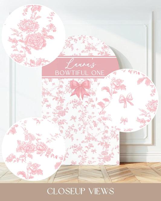 Bowtiful One Birthday Backdrop Toile Pink Bow 1st Birthday Arch Backdrop Baby Girl First Birthday Banner Toile Floral Garden Party Backdrop - LAUMIANstudio