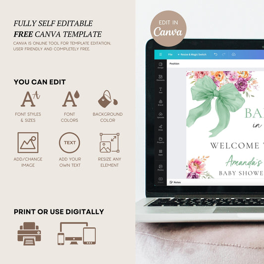 Neutral Baby Shower Welcome Sign Canva Template Sage Baby in Bloom Shower Decor DIY Floral Bow Baby Shower Sign 18x24 Flower Bow Shower Sign - LAUMIANstudio