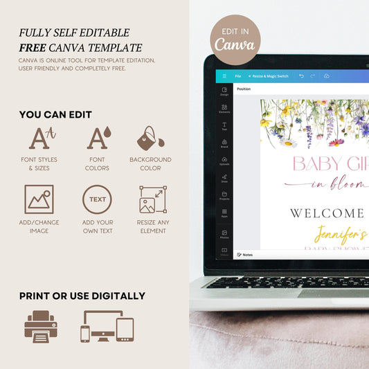 Wildflower Welcome Sign Baby Shower Template Baby in Bloom Sign DIY Watercolor Floral Welcome Sign Garden Baby Shower Decor Meadow Shower - LAUMIANstudio