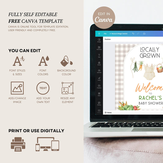 Locally Grown Girl Baby Shower Welcome Sign Template Editable Locally Grown Clothesline Poster Vegetable Market Welcome Sign Farmer Market - LAUMIANstudio