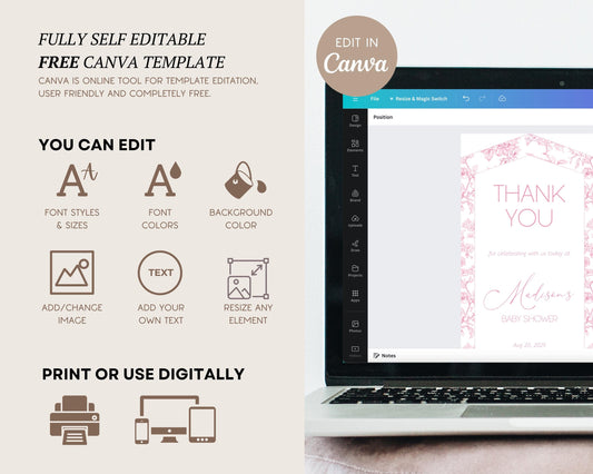 Pink Toile Floral Favor Tag Baby in Bloom Shower Circle Favor Tag Editable Template Rectangle Chinoiserie Favor Tag Printable Party Gift Tag - LAUMIANstudio