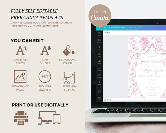 Pink Bow Invitation Template Pink Baby Girl Shower Evite Luxury Dior Style Blush Pink Digital Invite Pink Toile Floral Invitation DIY Canva - LAUMIANstudio