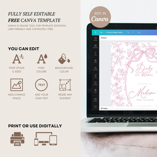 Pink Baby in Bloom Welcome Sign Template Blush Pink Toile Floral Baby Shower Sign Pink Bow Baby Girl Shower Decor Baby in Bloom Poster DIY - LAUMIANstudio