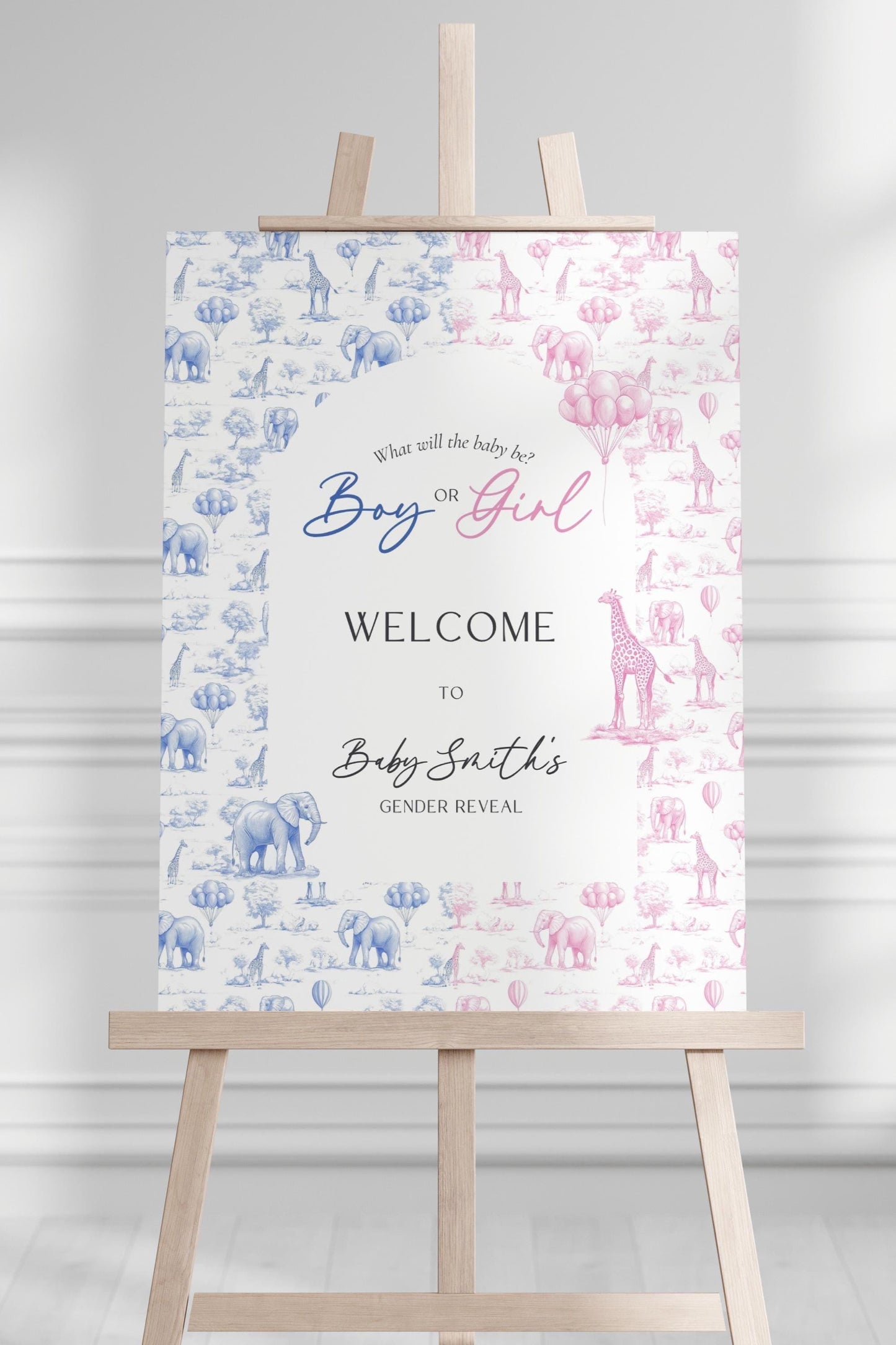 Toile Safari Gender Reveal Sign Boy or Girl Welcome Sign Pink Blue Animal Board Pink Blue Gender Reveal Welcome Sign Giraffe Elephant Sign - LAUMIANstudio