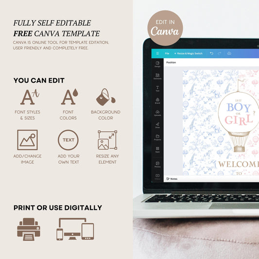 Boy or Girl Sign Custom Blue Pink Gender Reveal DIY Template Pastel Gender Reveal Welcome Sign Editable Baby Shower Board Hot Air Balloon - LAUMIANstudio
