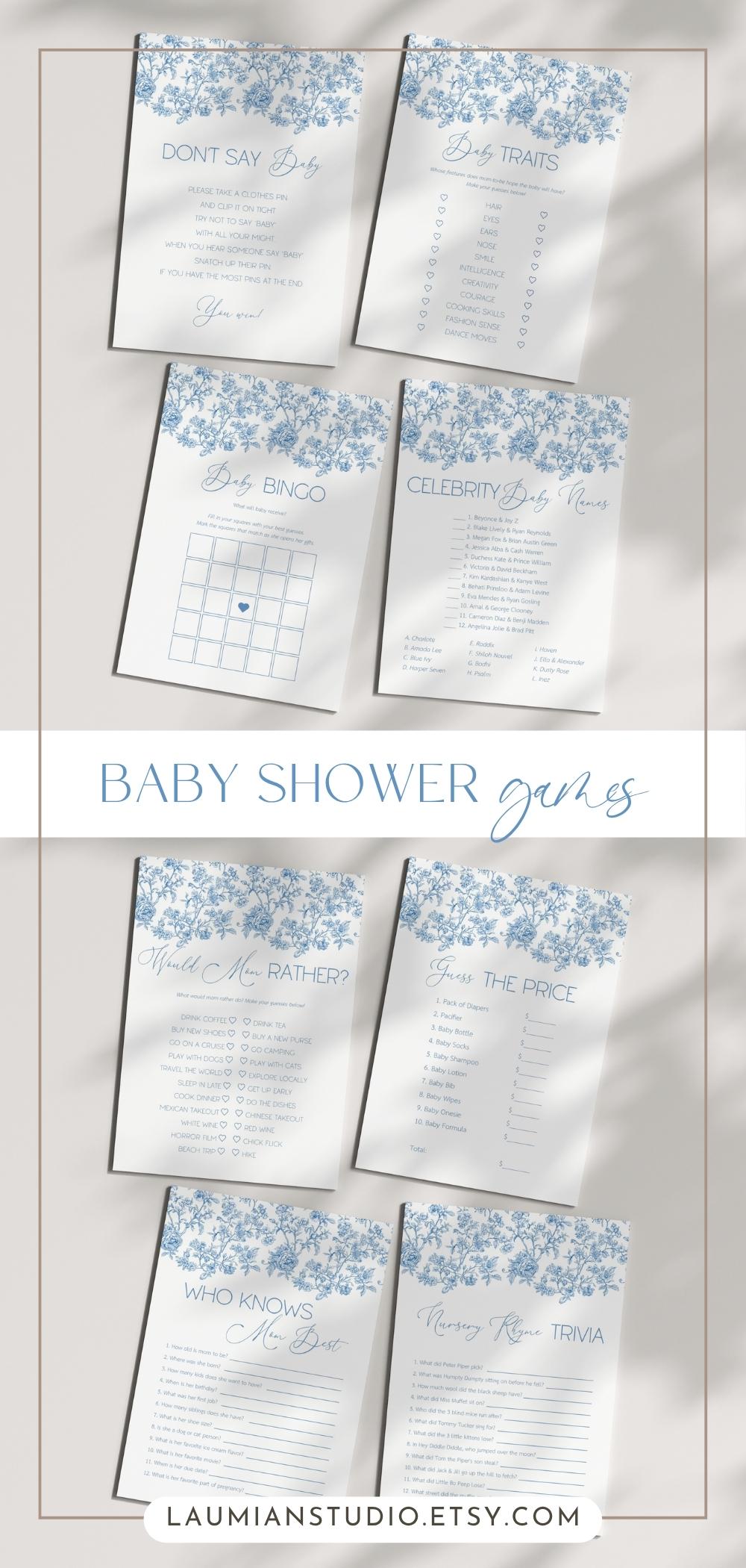 Baby Boy Shower Game Bundle Dusty Blue Bow Baby Sprinkle Game Set Editable Canva Template Summer Floral Shower Party Game Flower Theme Games - LAUMIANstudio
