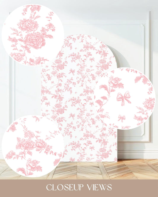 Pink Floral Backdrop Girly Pink Bow Arch Backdrop Pink Toile de Jouy Baby Shower Backdrop Pink Bow Backdrop 1st Birthday Baby Girl Decor - LAUMIANstudio