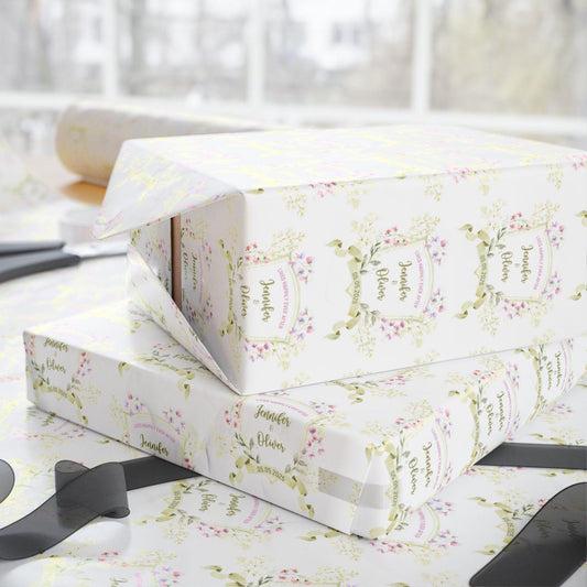 Personalised Weeding Wrapping Paper Custom Name Mr and Mrs Gift Wrap Roll Matte Wedding Wrapping Paper Elegant Floral Engagement Gift Paper - LAUMIANstudio
