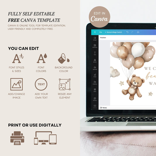 Balloon Neutral Baby Shower Welcome Sign We Can Bearly Wait Brown Teddy Bear Sign Neutral Brown Bear Welcome Sign Gender Neutral Teddy Beige - LAUMIANstudio