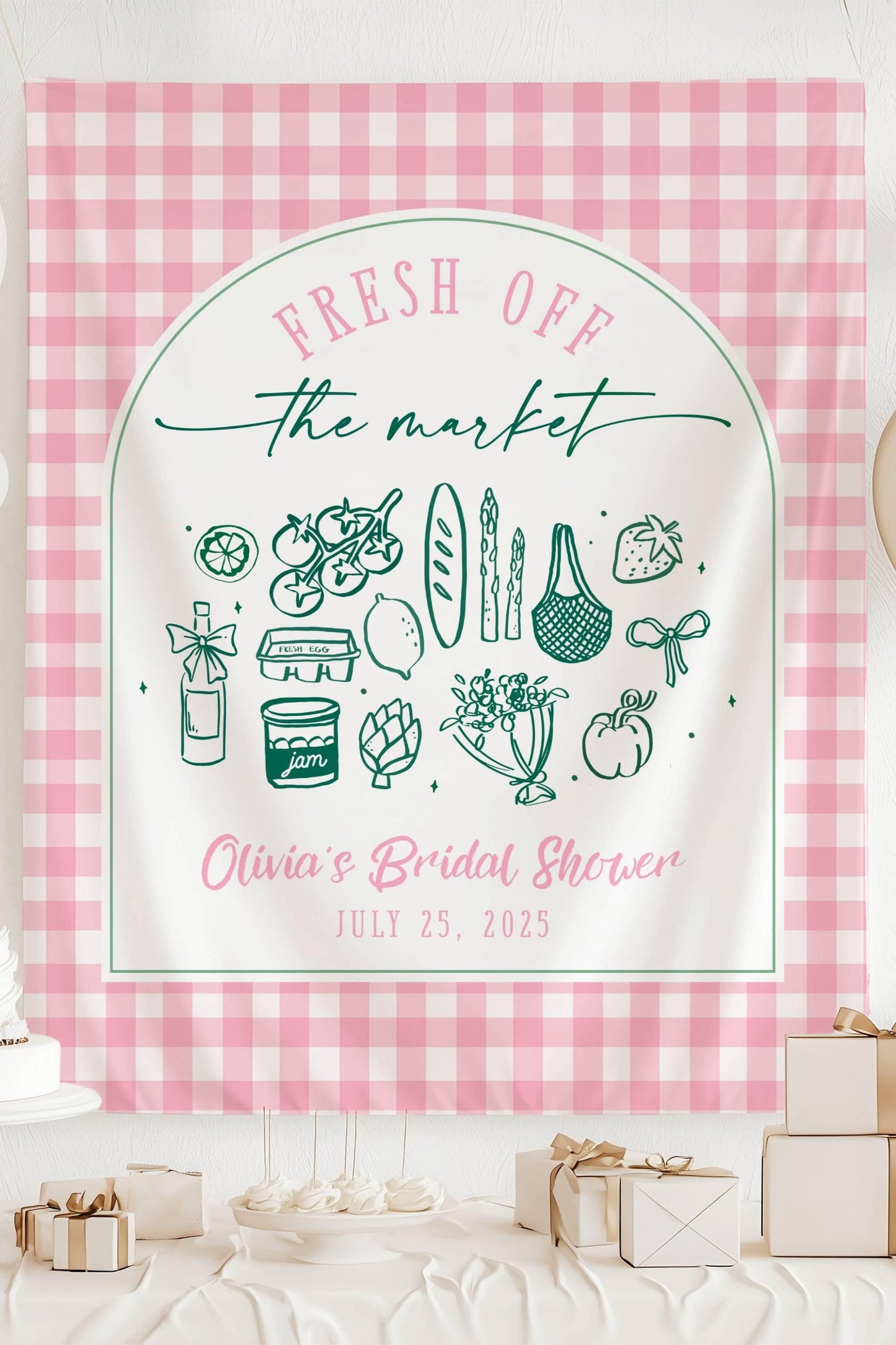 Off The Market Bridal Shower Backdrop Pink Gingham Market Wall Tapestry Personalized Off the Market Sign Bridal Shower Bouquet Photo Banner - LAUMIANstudio