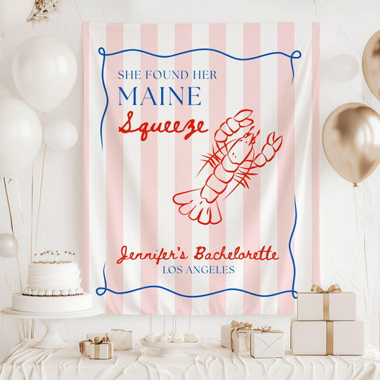 She Found Her Main Squeeze Banner Custom Bachelorette Lobster Wall Tapestry Main Squeeze Bridal Shower Decor Personalized Lobster Backdrop - LAUMIANstudio