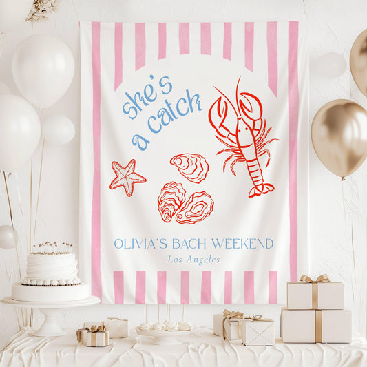 She's a Catch Bachelorette Banner Personalized Lobster Bridal Shower Backdrop Fabric Banner She is a Catch Party Coastal Bachelorette Banner - LAUMIANstudio