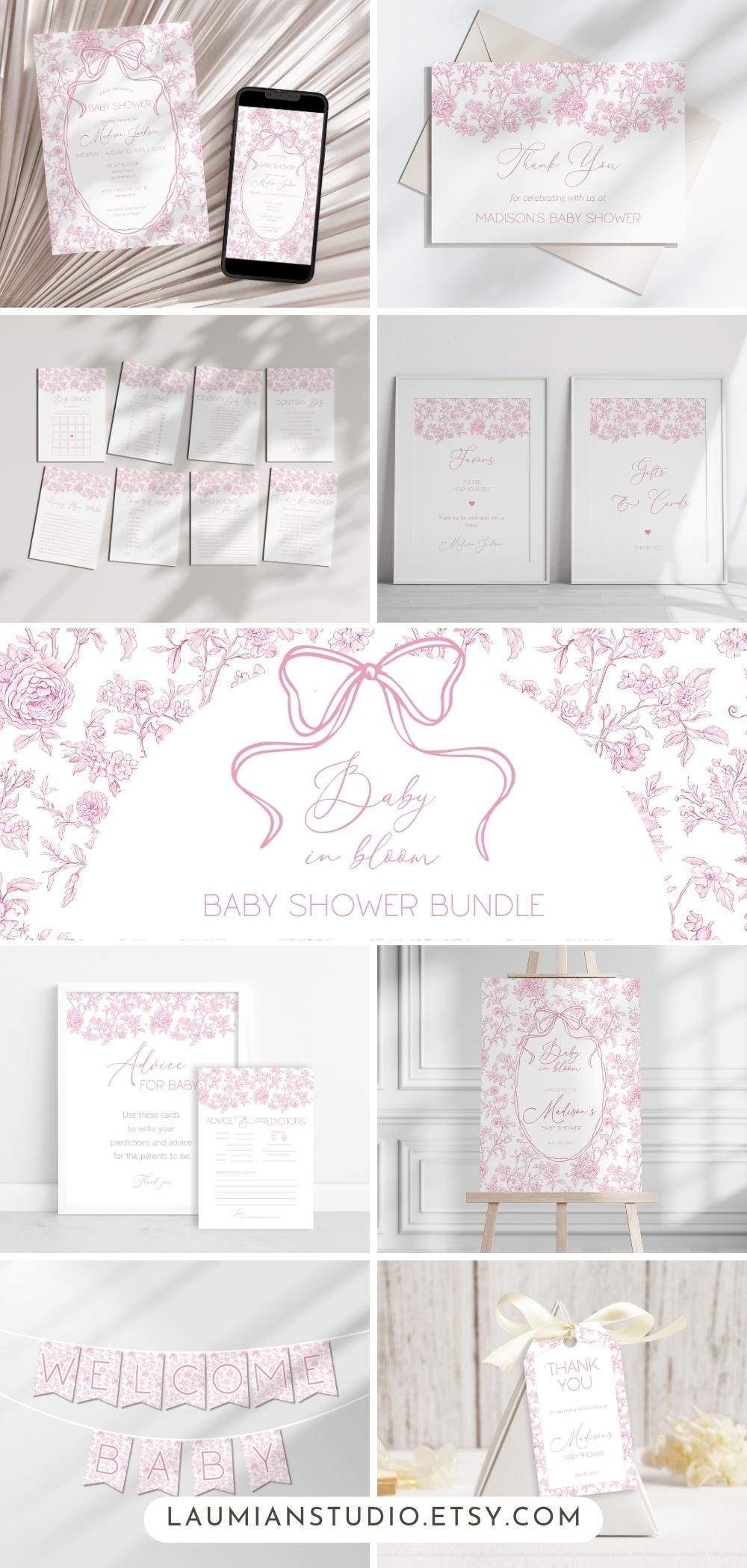 Baby in Bloom Baby Shower Bundle Dusty Pink Bow Baby Shower Sign Vintage Pink Invite Template Rose Bow Shower Bundle Chinoiserie Floral Sign - LAUMIANstudio