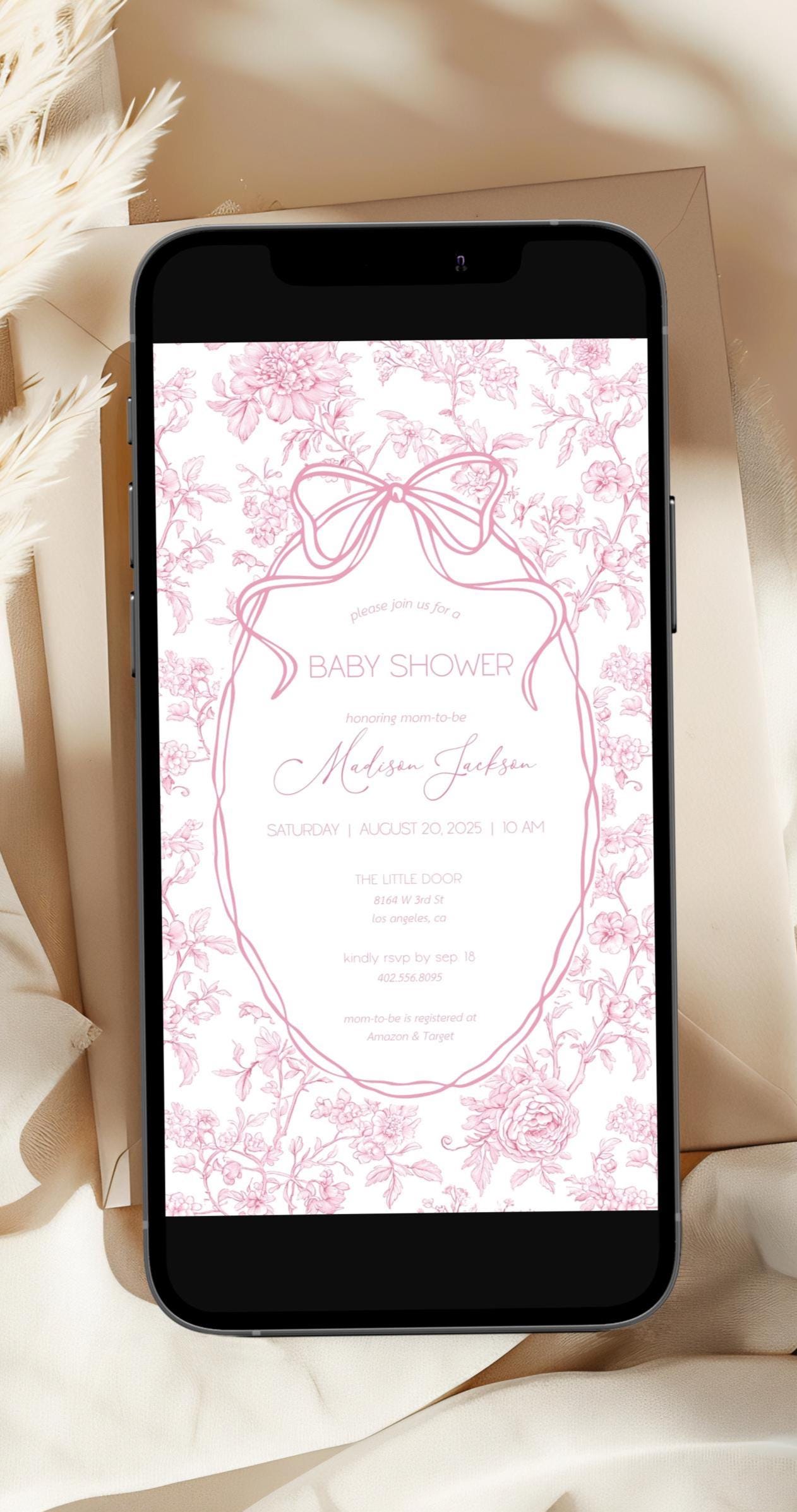 Pink Bow Mobile Invitation Template Baby Girl Shower Digital Invite Pink Floral Toile Evite Elegant Minimalist Invite Baby in Bloom Evite - LAUMIANstudio