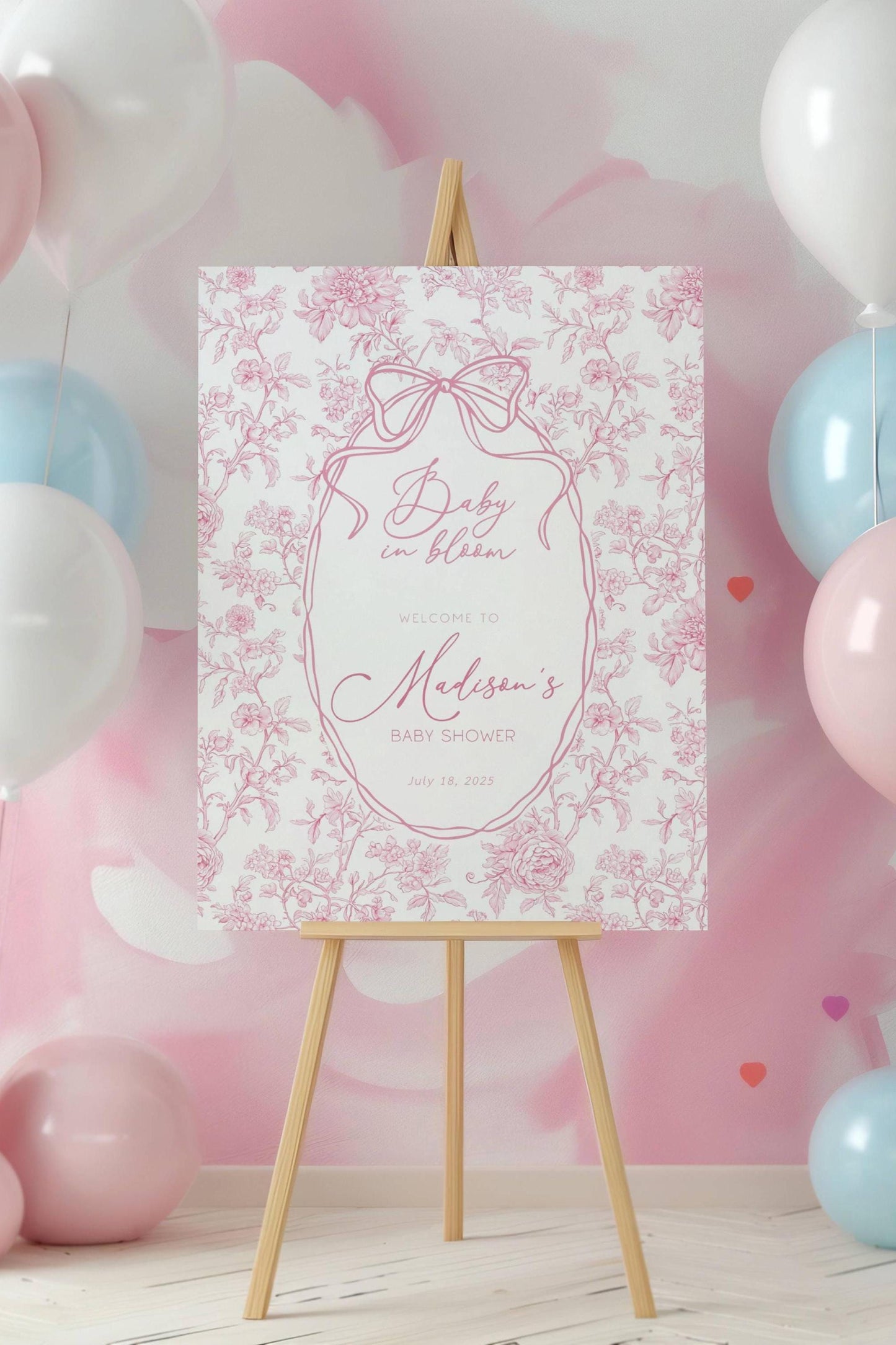 Pink Baby in Bloom Welcome Sign Template Blush Pink Toile Floral Baby Shower Sign Pink Bow Baby Girl Shower Decor Baby in Bloom Poster DIY - LAUMIANstudio