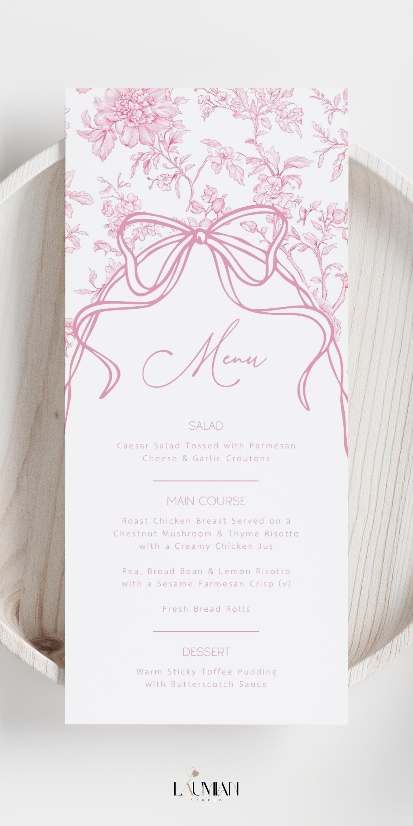 Pink Floral Brunch Menu Template Baby in Bloom Lunch Menu Card Editable Flower Meal Menu Baby Shower Brunch Card Elegant Pink Bow Menu Card - LAUMIANstudio