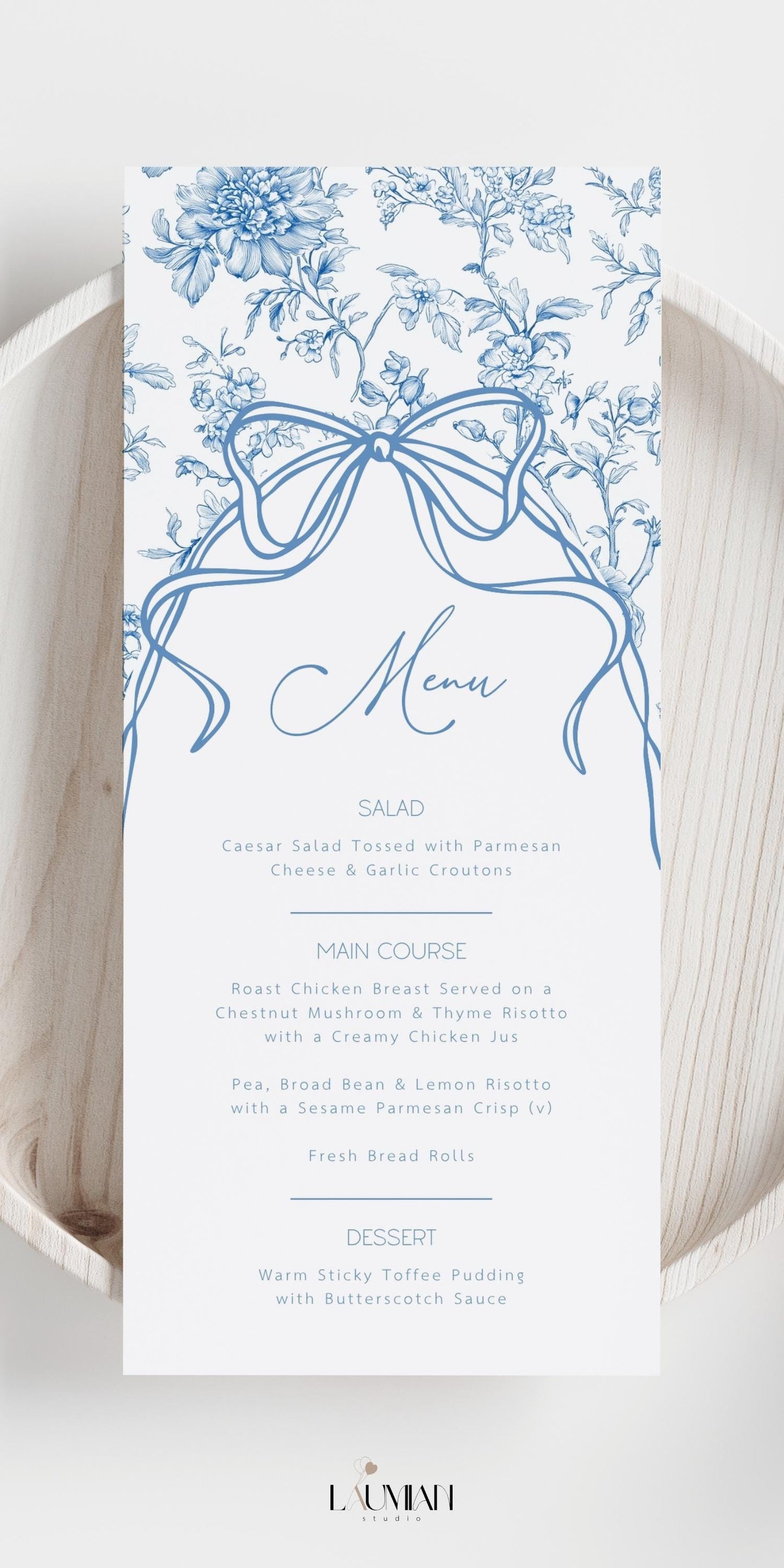 Baby in Bloom Menu Template Dusty Blue Toile Lunch Menu Blue Bow Brunch Menu Card Editable Template Floral Menu Template Baby Boy Shower - LAUMIANstudio