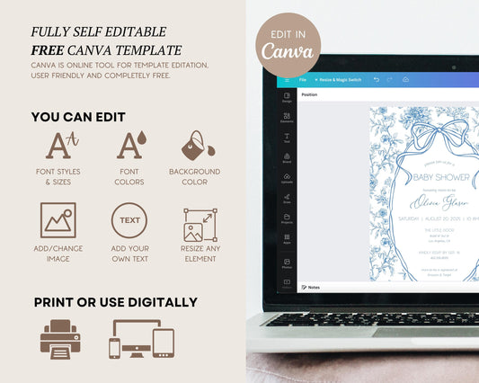 Blue Baby Boy Shower Sprinkle Invitation Blue Bow Invite Card Books for Baby Enclosure Card Diaper Raffle Card Floral Invite Template Canva - LAUMIANstudio