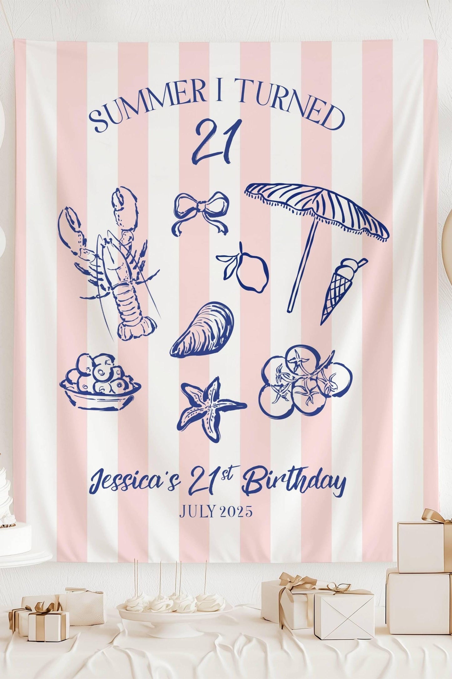 21st Birthday Patry Decor Summer I Turned 21 Banner Personalized Twenty First Birthday Welcome Sign Summer Coastal Birthday Photo Backdrop - LAUMIANstudio