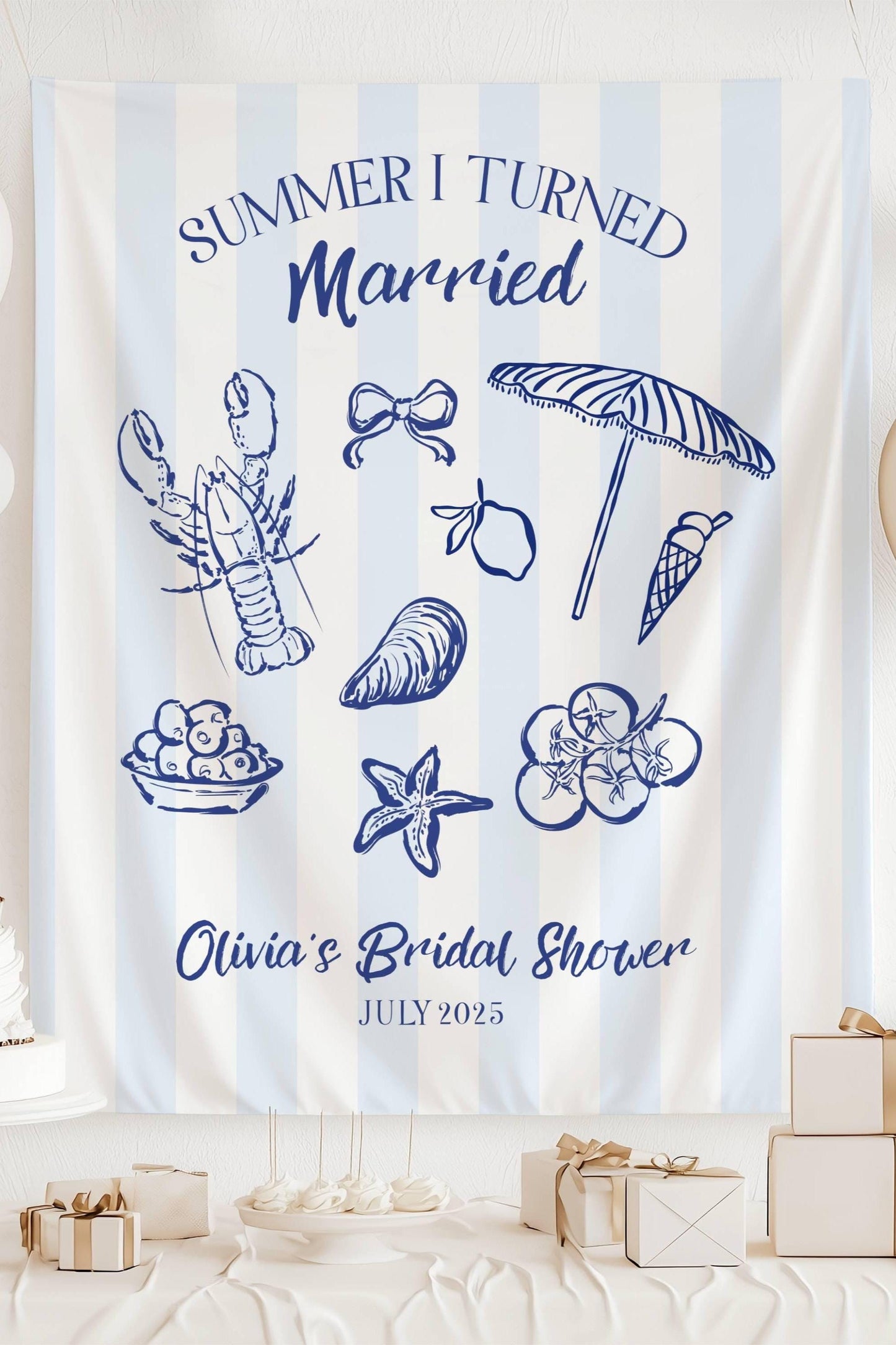 Summer I Turned Married Backdrop Custom Summer Wedding Photo Banner Coastal Bridal Shower Sign Beach Bachelorette Decor Lobster Seashell - LAUMIANstudio