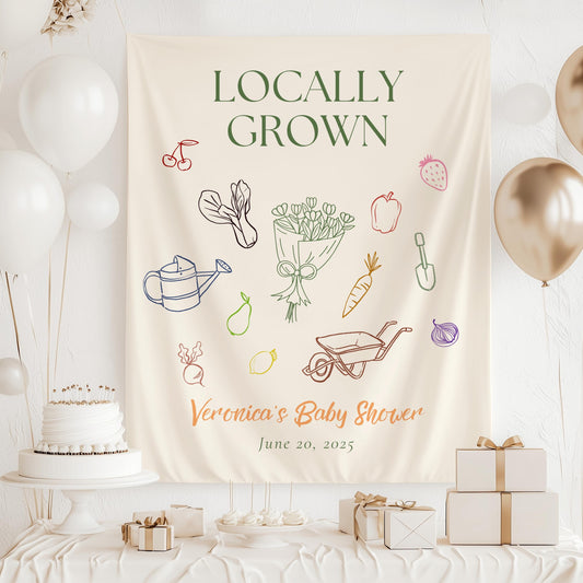 Personalized Locally Grown Shower Backdrop Flower Market Shower Banner Minimalist Baby Shower Tapestry Organic Baby Shower Sign Line Art - LAUMIANstudio