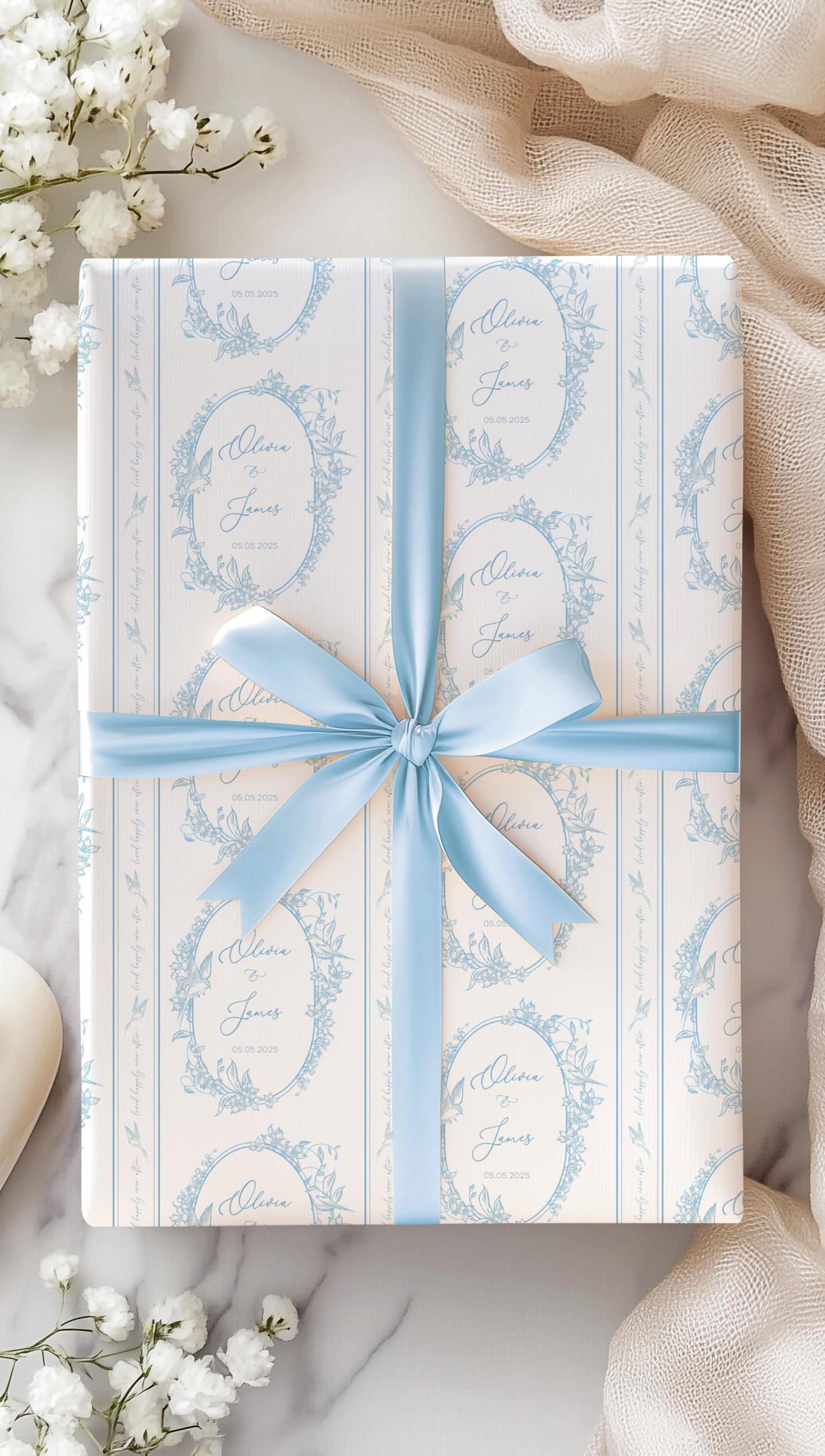 Elegant Personalized Wedding Paper Luxury Floral Wrapping Paper Blue Chinoiserie Wedding Wrap Custom Monogram Gift Wrap Something Blue Paper - LAUMIANstudio