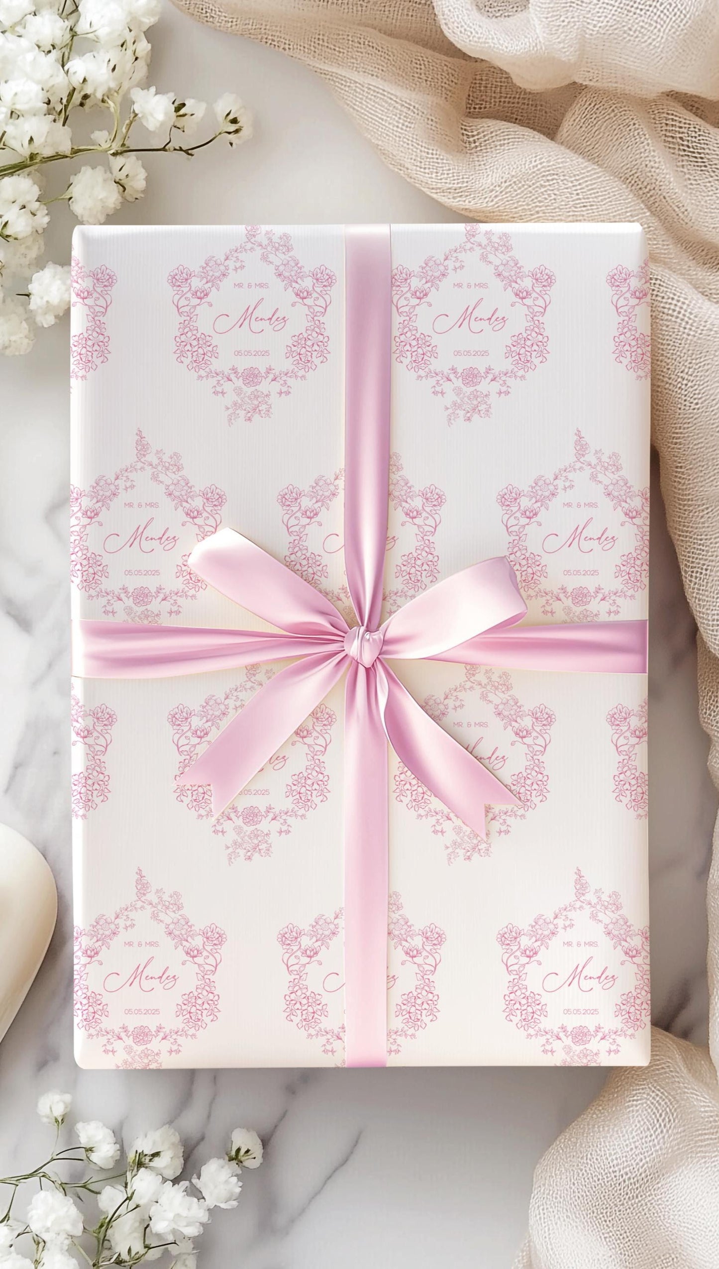 Pink Wedding Wrapping Paper Personalized Bride Groom Name Gift Wrapping Soft Pink Wedding Wrap Personalized Couple Name Emblem - LAUMIANstudio