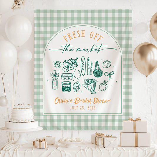 Off The Market Bridal Shower Backdrop Pink Gingham Market Wall Tapestry Personalized Off the Market Sign Bridal Shower Bouquet Photo Banner - LAUMIANstudio