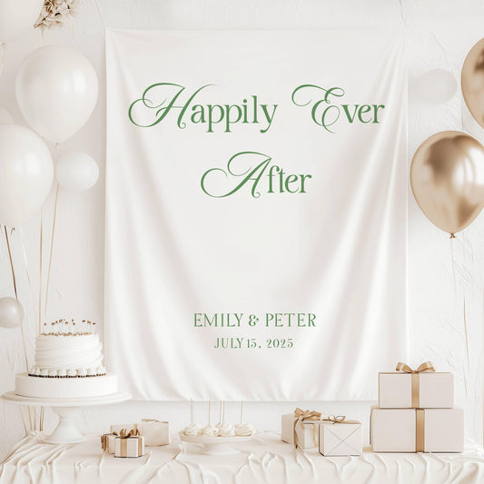 Happily Ever After Backdrop Custom Wedding Date Fabric Banner Garden Wedding Decoration Mr Mrs Name Wall Tapestry Happily Ever After Sign - LAUMIANstudio
