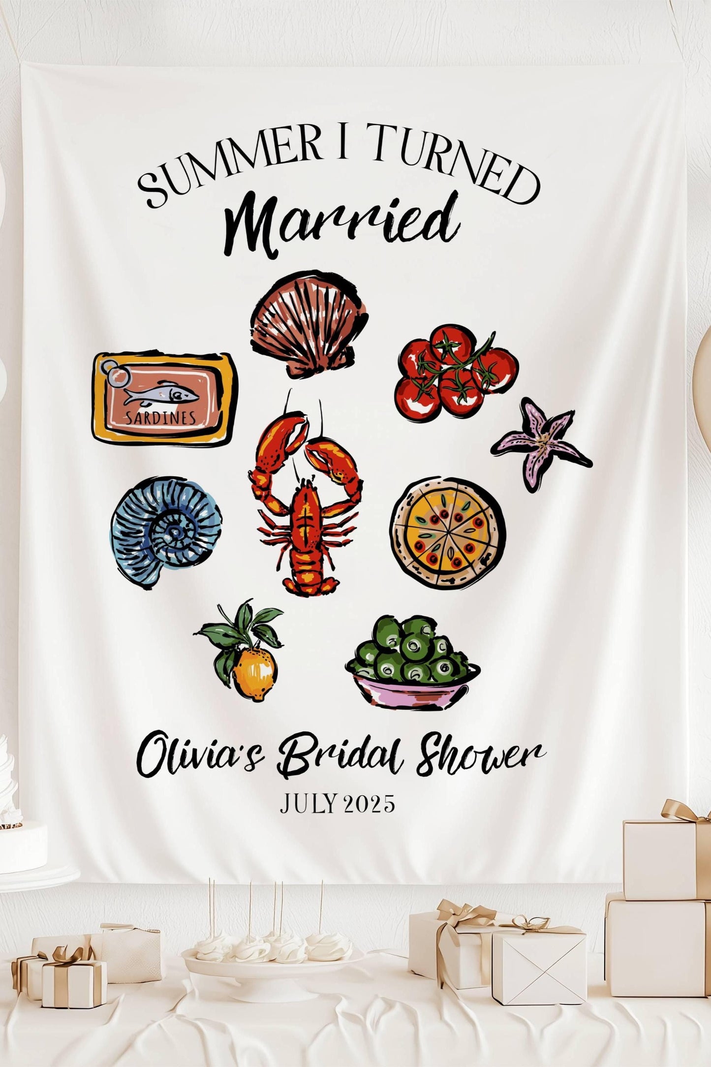 Coastal Summer I Turned Married Sign Custom Lobster Bridal Shower Banner Whimsical Seashell Fabric Backdrop Amalfi Coast Bachelorette Banner - LAUMIANstudio