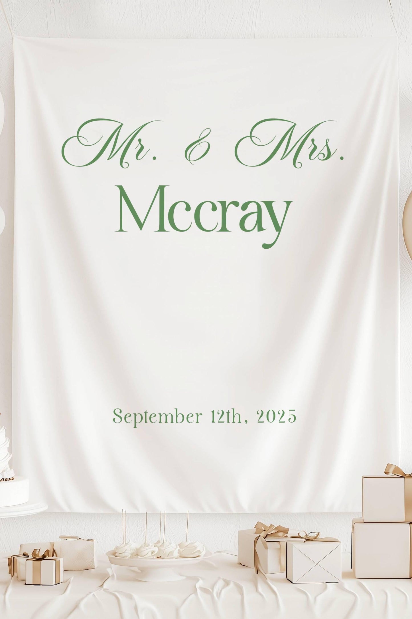 Personalized Mr. & Mrs. Backdrop Minimalist Wedding Banner Sage Green Wedding Decor Custom Bridal Shower Sign Mr Mrs Tapestry Boho Wedding - LAUMIANstudio