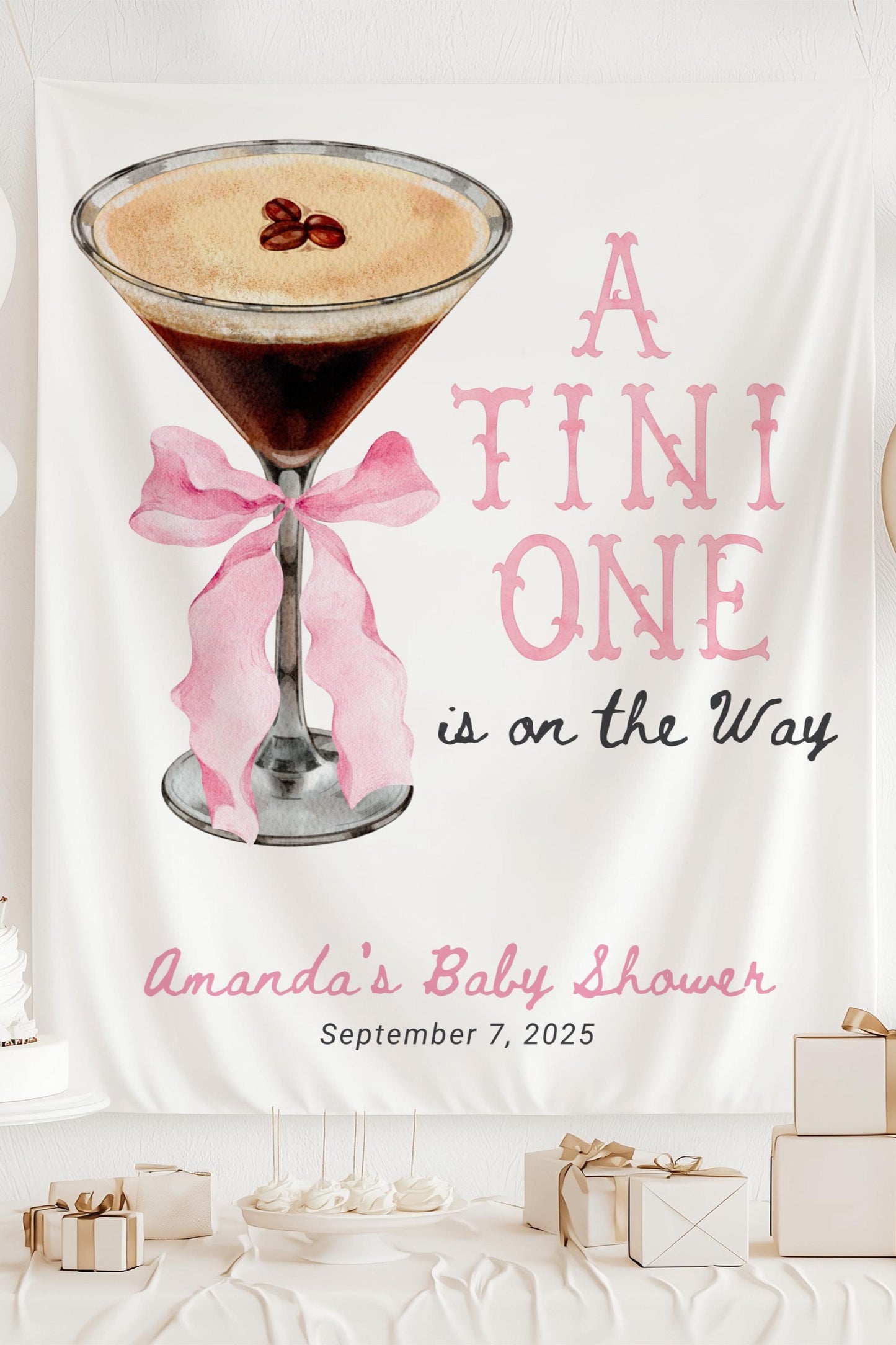 Tini One Baby Shower Banner Espresso Martini Baby Sprinkle Backdrop Cocktail with Pink Bow Baby Shower Decor Personalized Martini Tapestry - LAUMIANstudio
