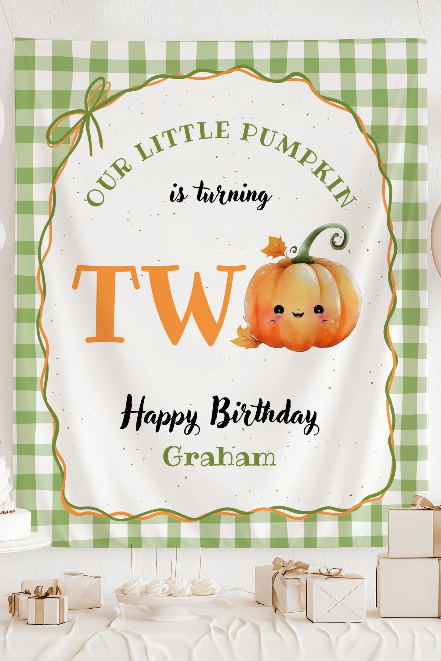 Pumpkin is Two Banner Fall Birthday Party Decor Autumn 2nd Birthday Backdrop Little Pumpkin is Turning Two Fabric Sign Second Birthday Decor - LAUMIANstudio
