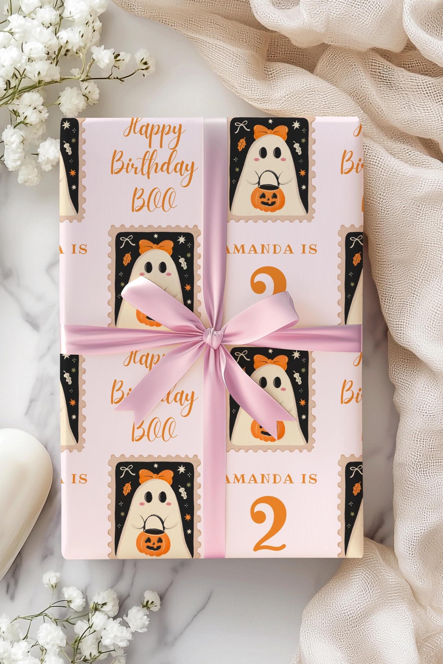 Boo is Two Wrapping Paper Boo Birthday Gift Wrap Cute Ghost Baby Girl Birthday Party Gift Wrapping Paper Roll Fall Birthday Gift Wrap Spooky - LAUMIANstudio