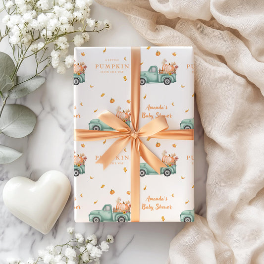 Pumpkin Truck Gift Wrap Personalized Pumpkin Baby Shower Wrapping Paper Elegant Fall Gift Wrap Little Pumpkin on the Way Baby Shower Decor - LAUMIANstudio