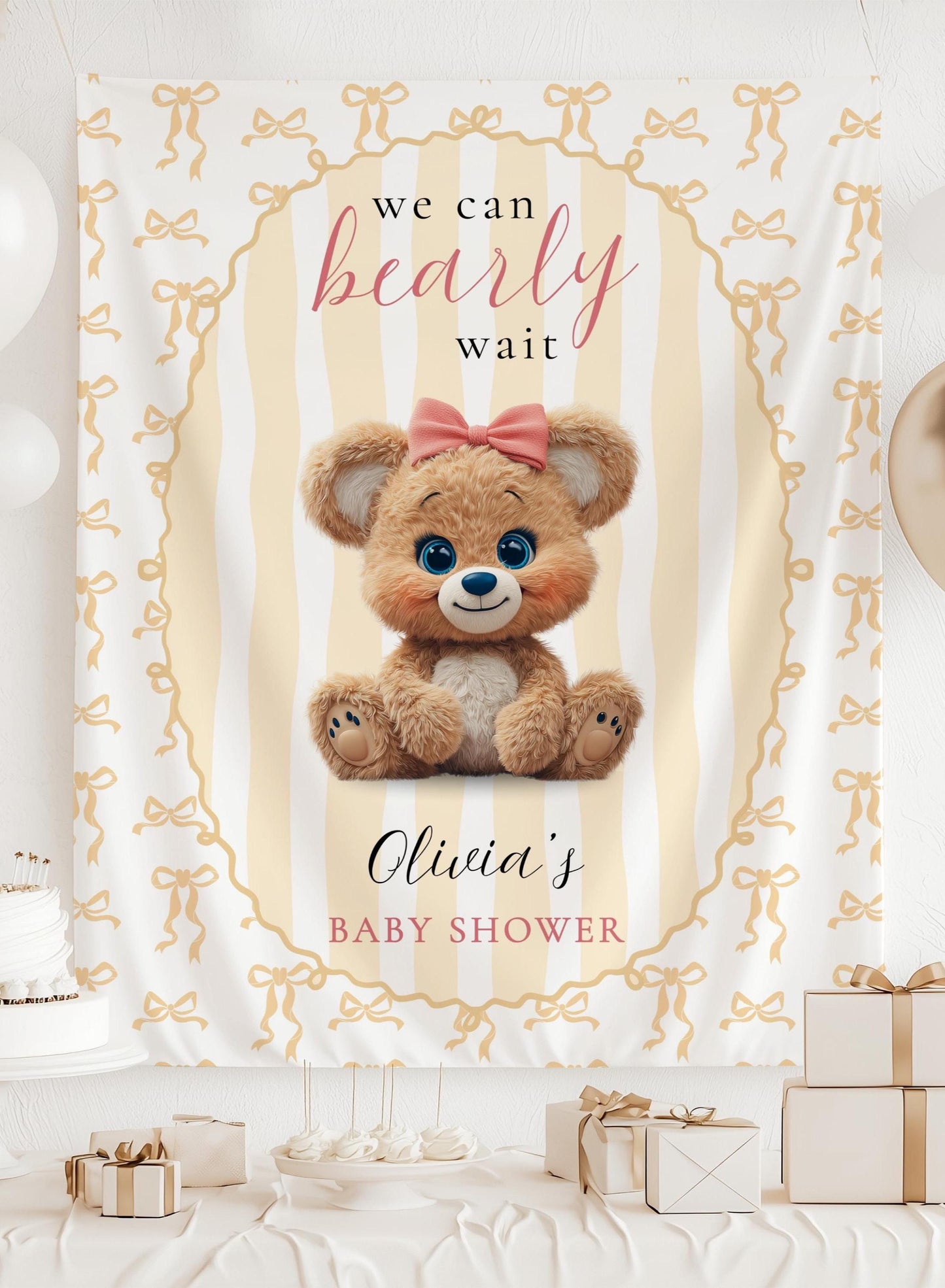 Pink We Can Bearly Wait Banner Teddy Bear Baby Shower Backdrop for Girl Teddy Baby Sprinkle Decor Pink Baby Girl Shower Decor Plush Teddy - LAUMIANstudio