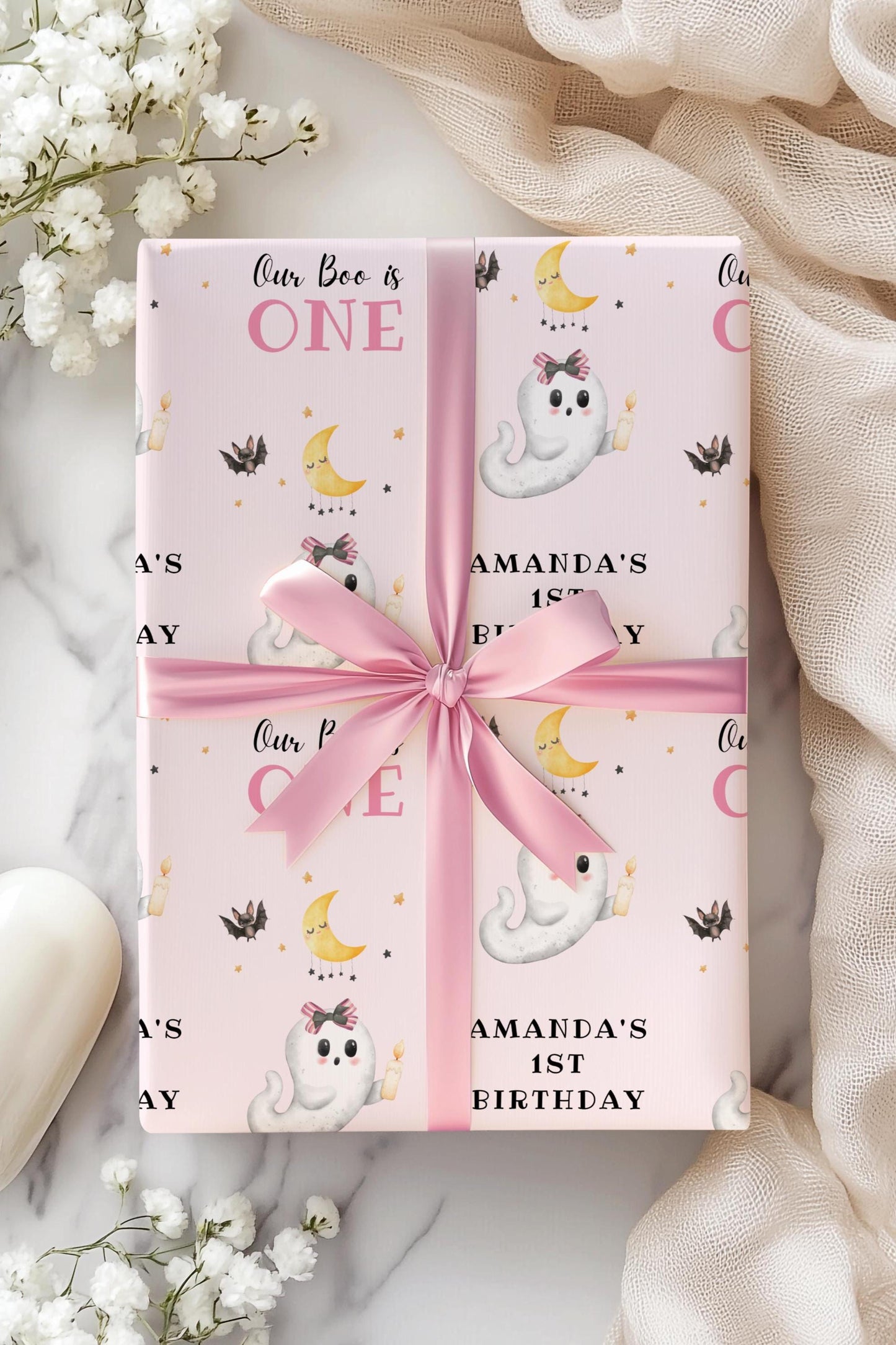 Pink Little Boo is ONE Gift Wrap Baby Girl Halloween Birthday Wrapping Paper Fall 1st Birthday Gift Paper Spooky Ghost Wrapping Paper Roll - LAUMIANstudio