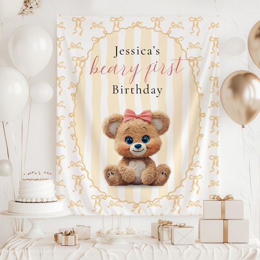 Pink Beary 1st Birthday Backdrop Girl First Birthday Decor Teddy Girl is One Birthday Banner Teddy Bear Party Pink Prop Beary First Bday - LAUMIANstudio