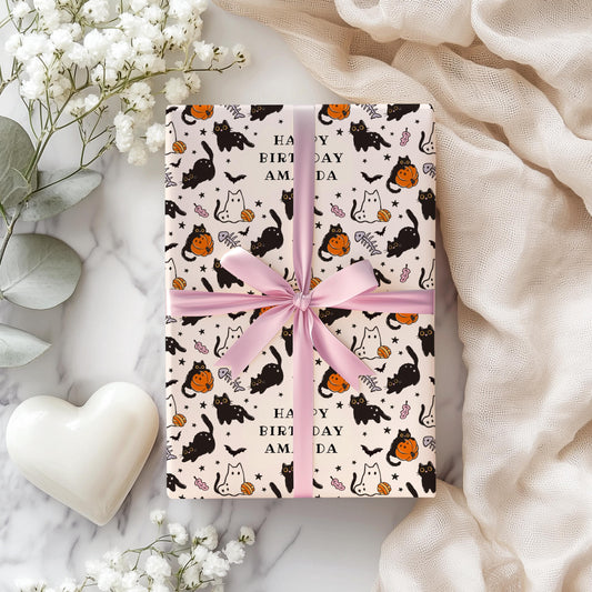 Halloween Cat Wrapping Paper Fall Birthday Cat Lover Gift Wrap Personalized Pumpkin Wrapping Paper Spooky Cat Birthday Paper Roll Cat Boo - LAUMIANstudio