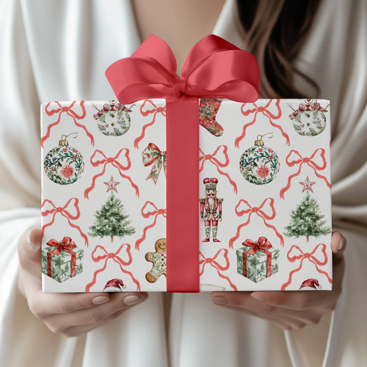 Red Bow Christmas Wrapping Paper Toile Christmas Baubles Gift Wrap Elegant Red Toile Wrapping Paper Festive Nutcracker Gift Wrap Christmas - LAUMIANstudio