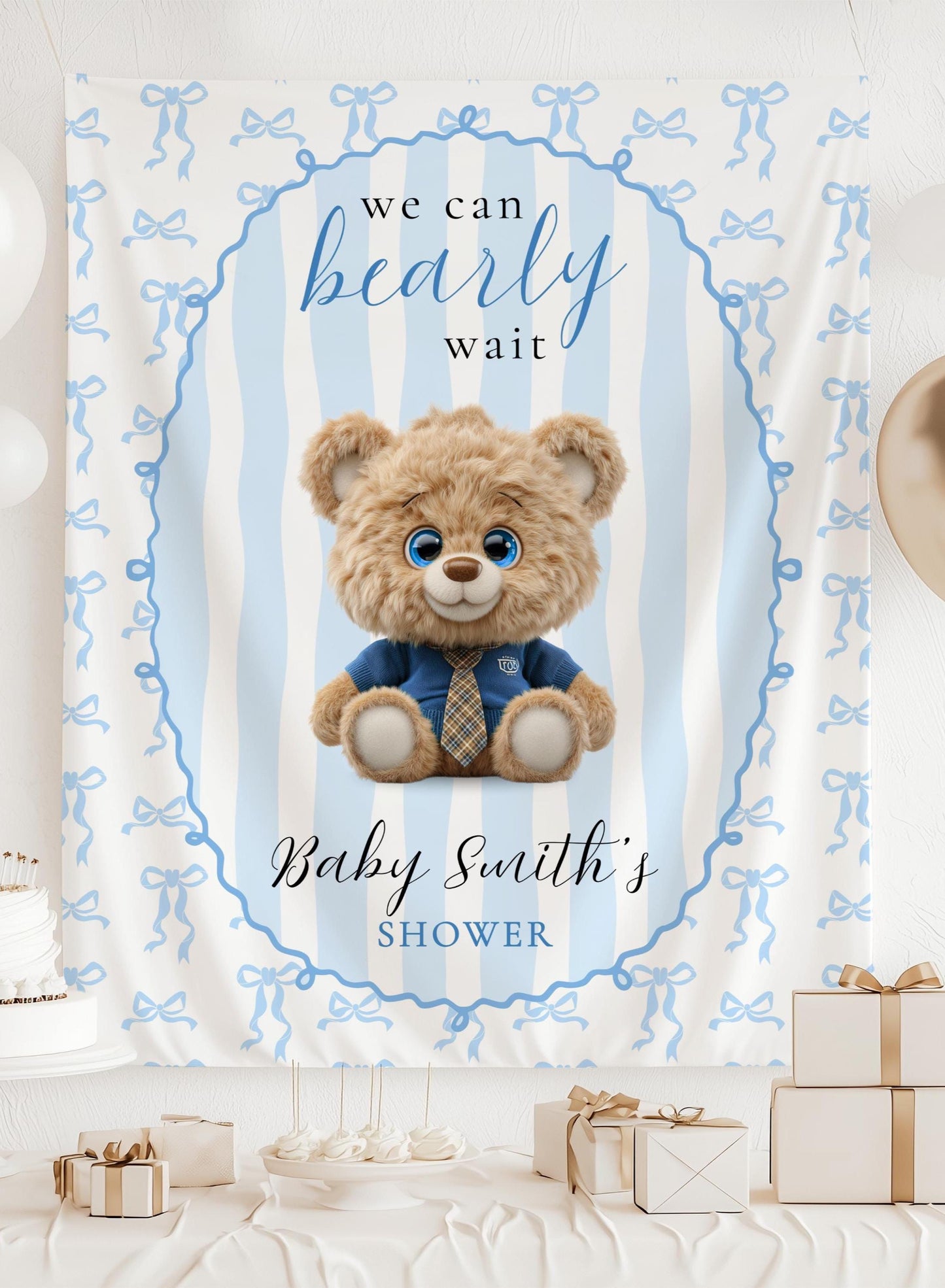 Blue Teddy Bear Banner We Can Bearly Wait Welcome Sign Plush Teddy Baby Shower Backdrop Personalized Boy Baby Sprinkle Teddy Wall Tapestry - LAUMIANstudio