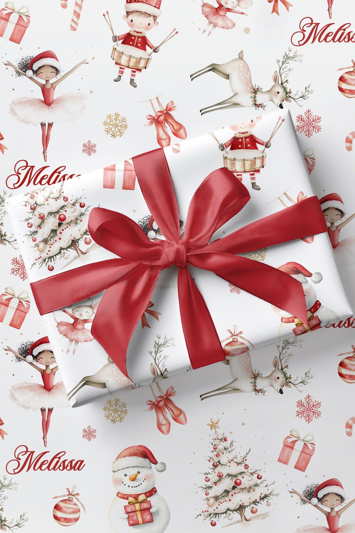 Festive Ballerina Wrapping Paper Children Red Christmas Gift Wrap Personalized Red Ballerina Gift Wrap Christmas Birthday Custom Wrap Girl - LAUMIANstudio