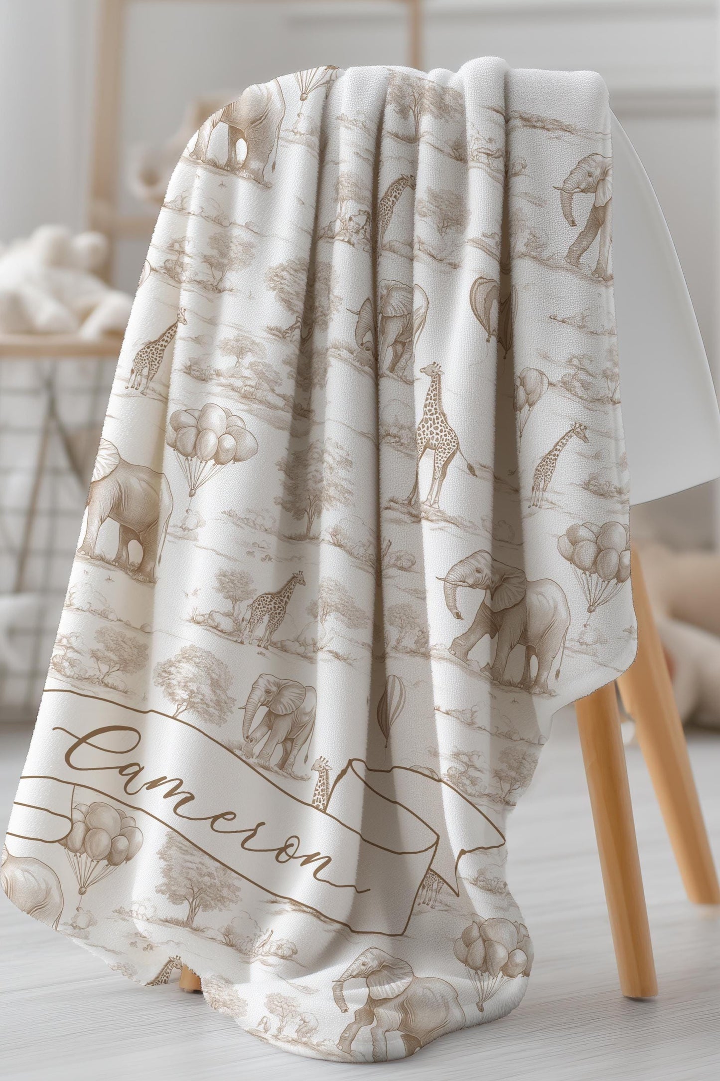 Vintage Safari Personalized Baby Blanket Beige Nursery Decor Personalised Safari Baby Blanket Soft Cream Jungle Animal Throw Neutral Color - LAUMIANstudio