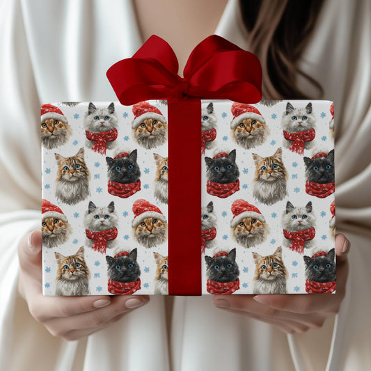 Cat Christmas Wrapping Paper Festive Cats Gift Wrap Ragdoll Cat Gift Wrap Funny Black Cat Christmas Cap Wrapping Paper Roll Cat Lover Gift - LAUMIANstudio